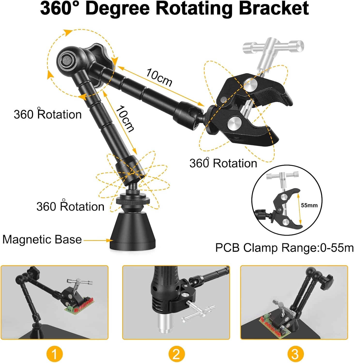 Helping Hands Soldering Circuit Board Holder Magnetic Third Hand Tools with 3X LED Magnifying Lamp, 360 Hot Air Gun Holder, Flexible Metal Arms Heavy Duty Base Electronic Repair Tool Magic Hand