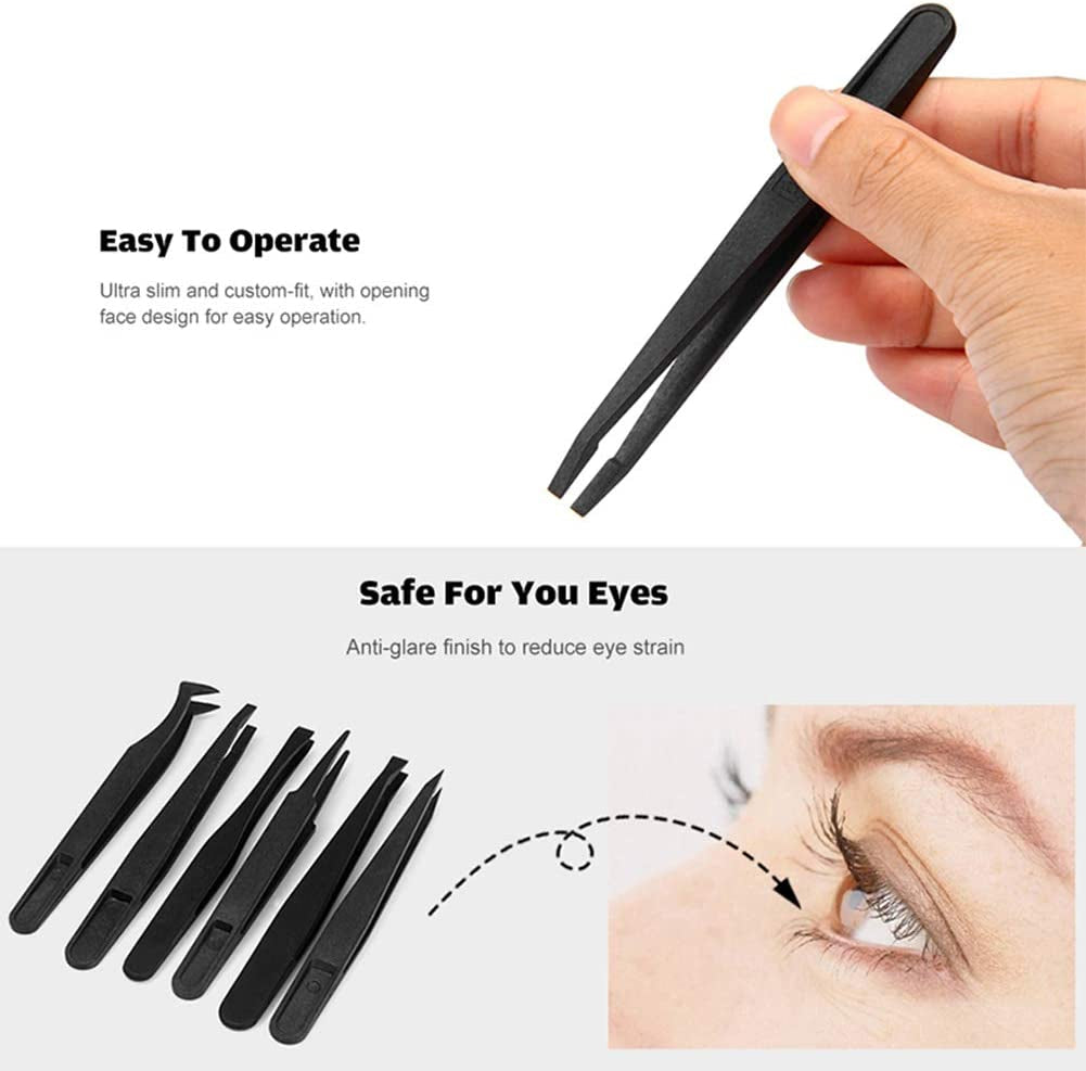 Precision Plastic Tweezers Kit - Plastic anti Static Tweezers Set Pickup Craft Electronics DIY Repair Tool - Black - 6Pcs