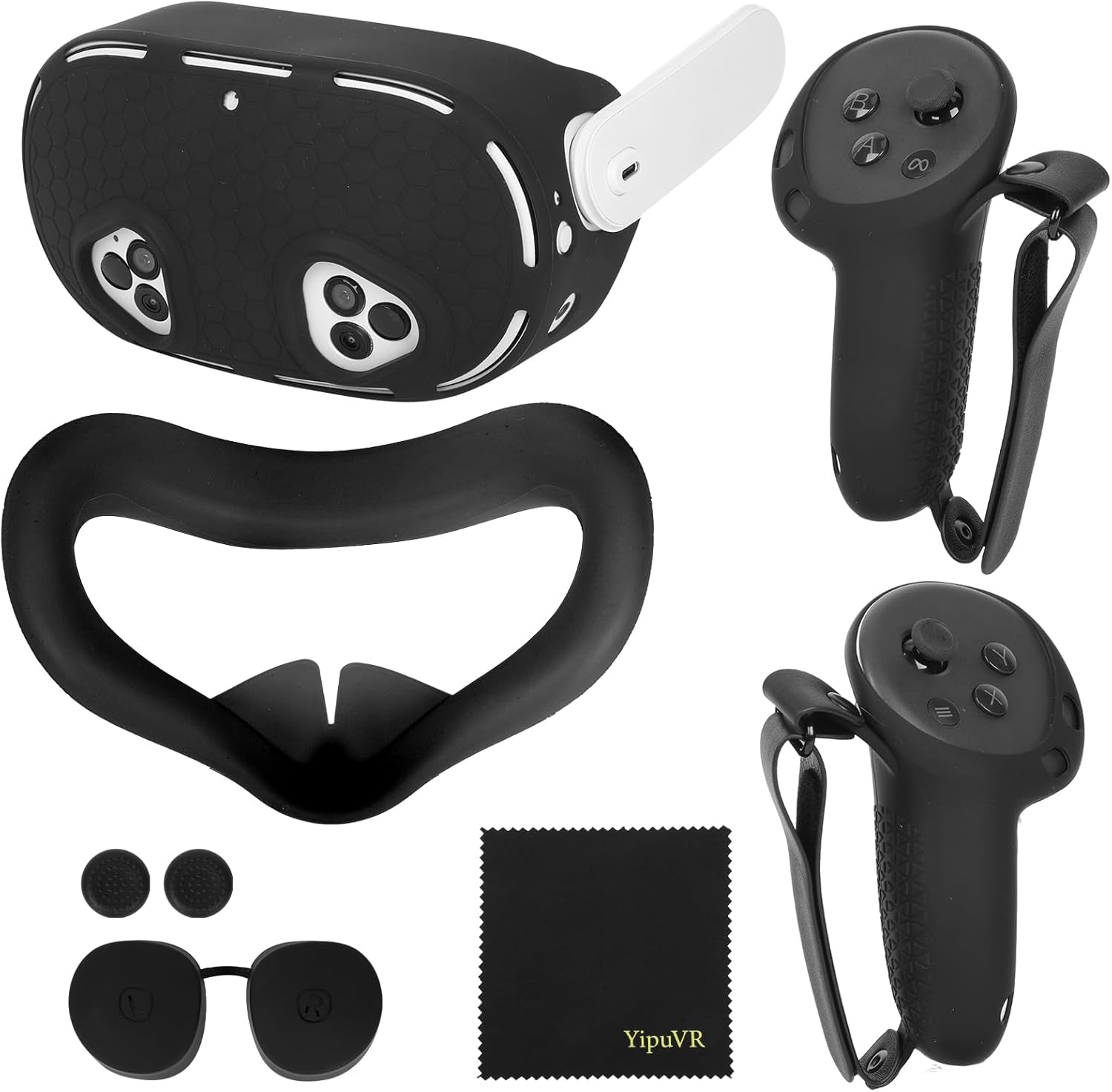Silicone Protective Cover Set for Meta Quest 3S Accessories, VR Shell Cover, VR Silicone Face Cover, Touch Controller Grip Case, Lens Protector Set (Black)
