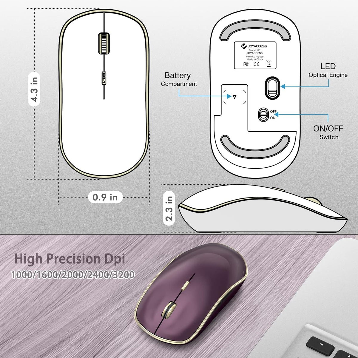 Wireless Mouse, 3200 DPI, Slim Silent