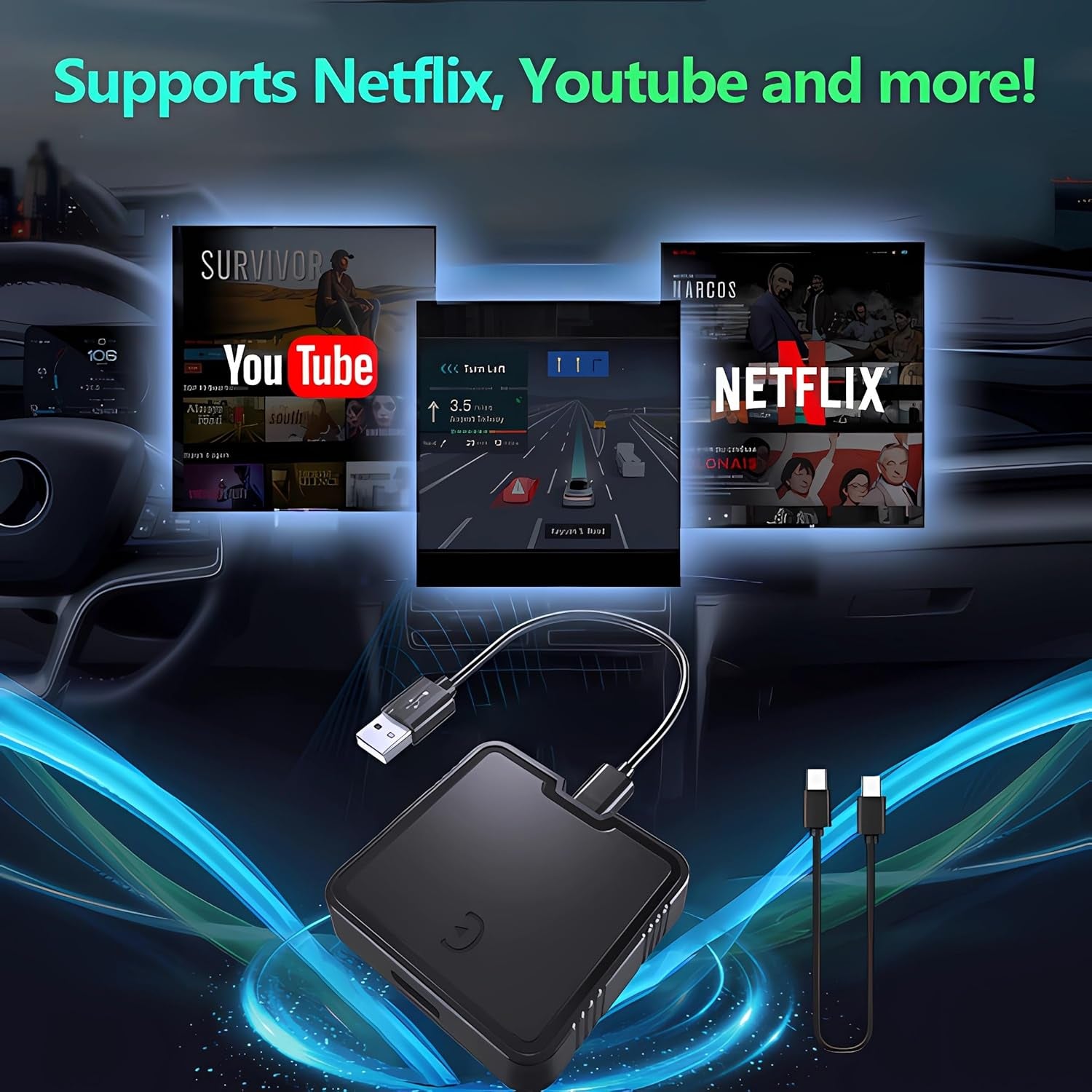 Wireless Carplay Adapter, Car Play Adapter Supports Netflix, Youtube, TF Card Plug & Play, Android Auto Wireless Adapter Carplay Dongle Fits for Factory Wired Carplay Cars from 2015 & Ios10+