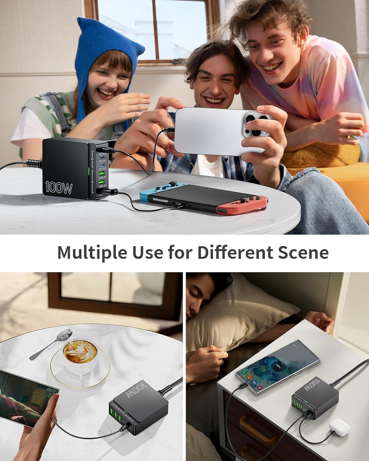 USB C Charger Block Charging Station: 100W 6 Port Gan Fast Charging Brick Hub Cube Box - PD 3.0 Type C & USB a Wall Charger Power Adapter for All Iphone Ipad Samsung Android Pixel Series