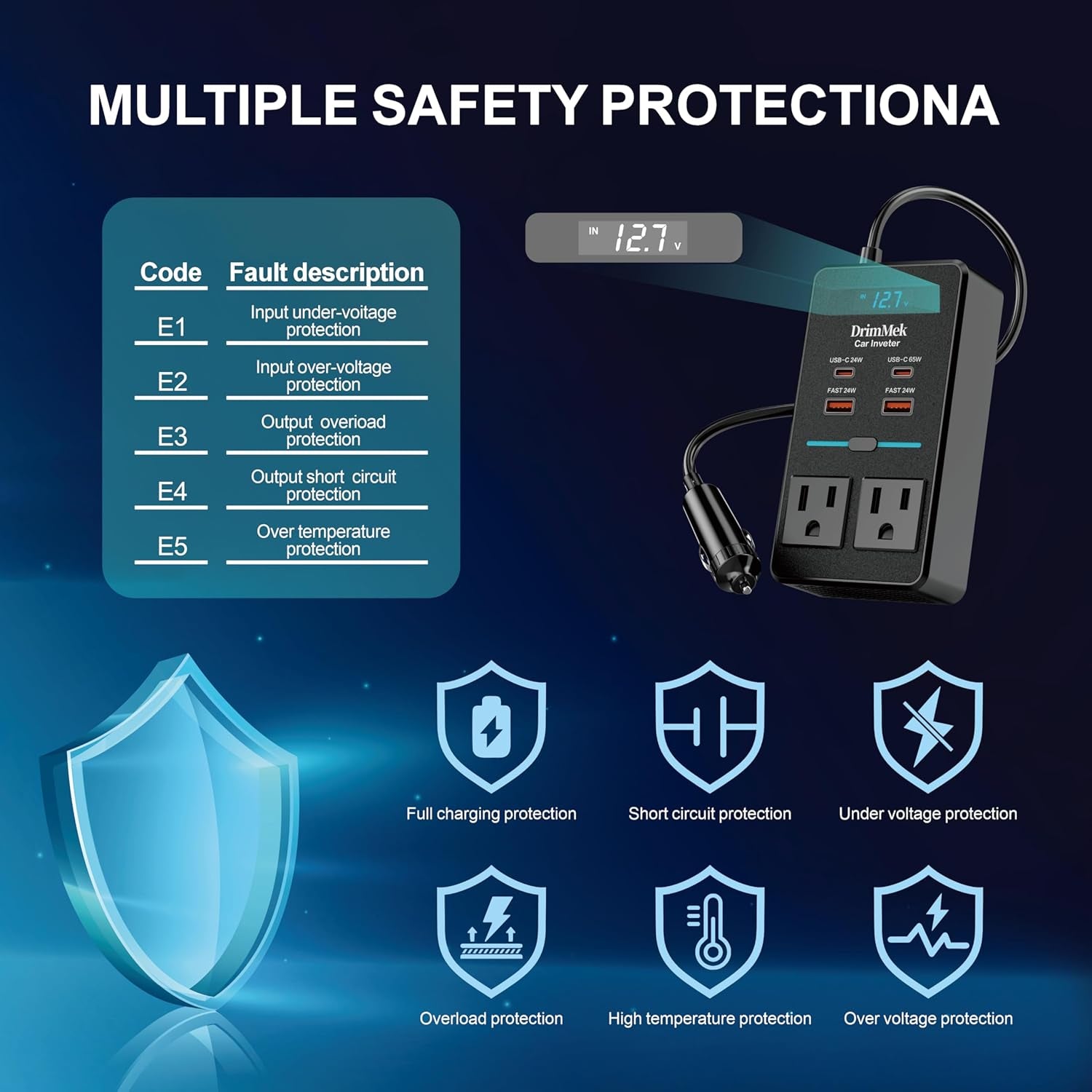 300W Car Power Inverter - Dual DC to AC Plug Adapter Outlets, 65W USB-C Fast Charging, 24W USB-C & 3.0 USB-A Ports, Portable Car Charger with Switch Control Converter for Laptops, Phones