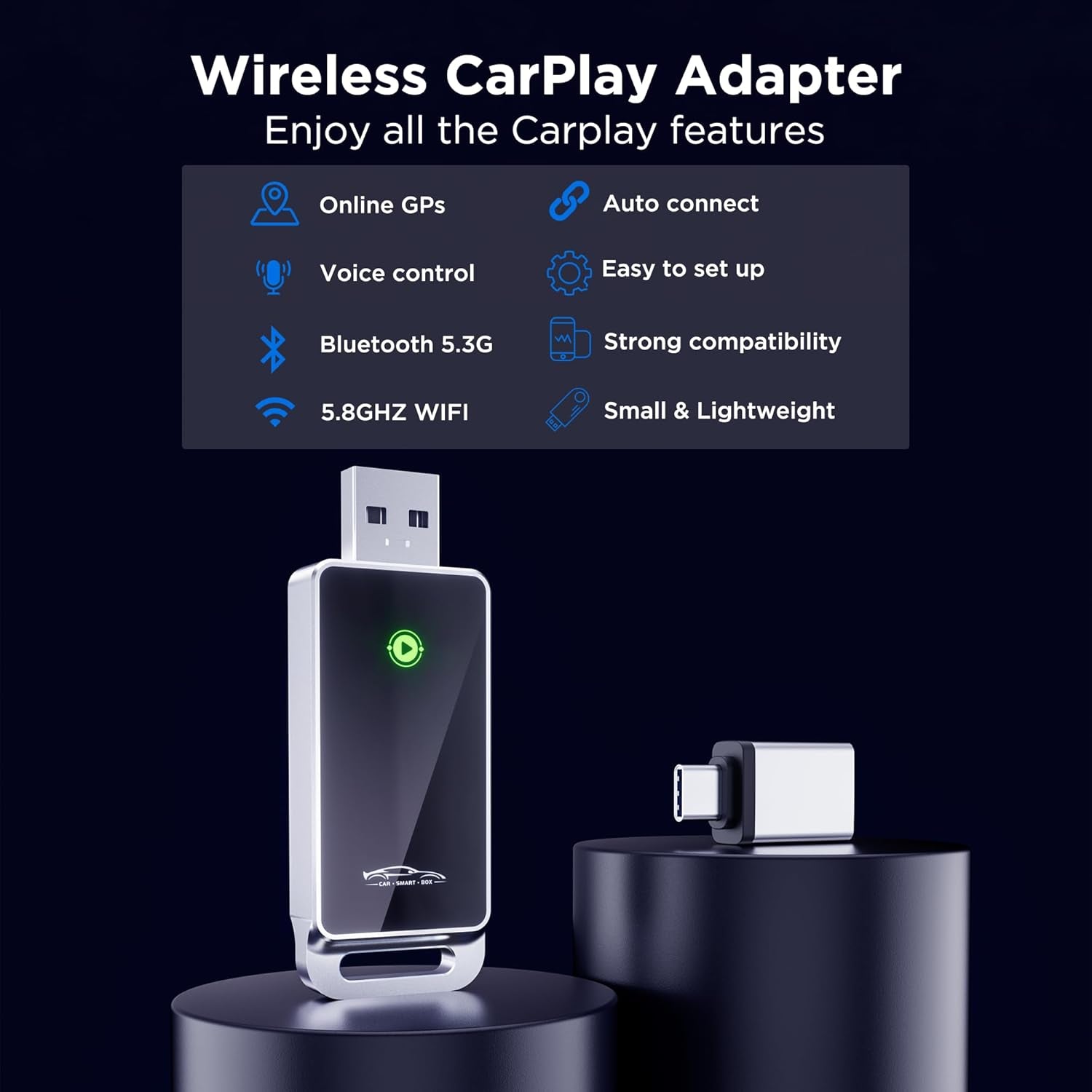 Wireless Carplay Adapter 2024 Upgrade, Plug and Play, No Latency, Converts Factory Wired to Wireless, Compatible with Iphone 6+ and 2015+ Cars, Bluetooth 2.4Ghz and Wi-Fi 2.4+5.8Ghz
