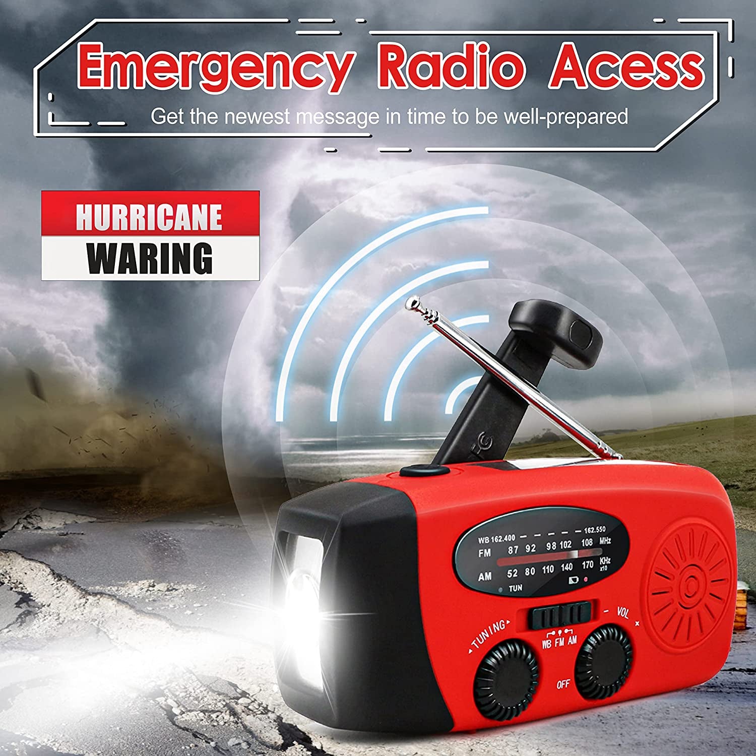 Emergency Hand Crank Radio with LED Flashlight for Emergency, AM/FM NOAA Portable Weather Radio with 2000Mah Power Bank Phone Charger, USB Charged & Solar Power for Camping, Emergency