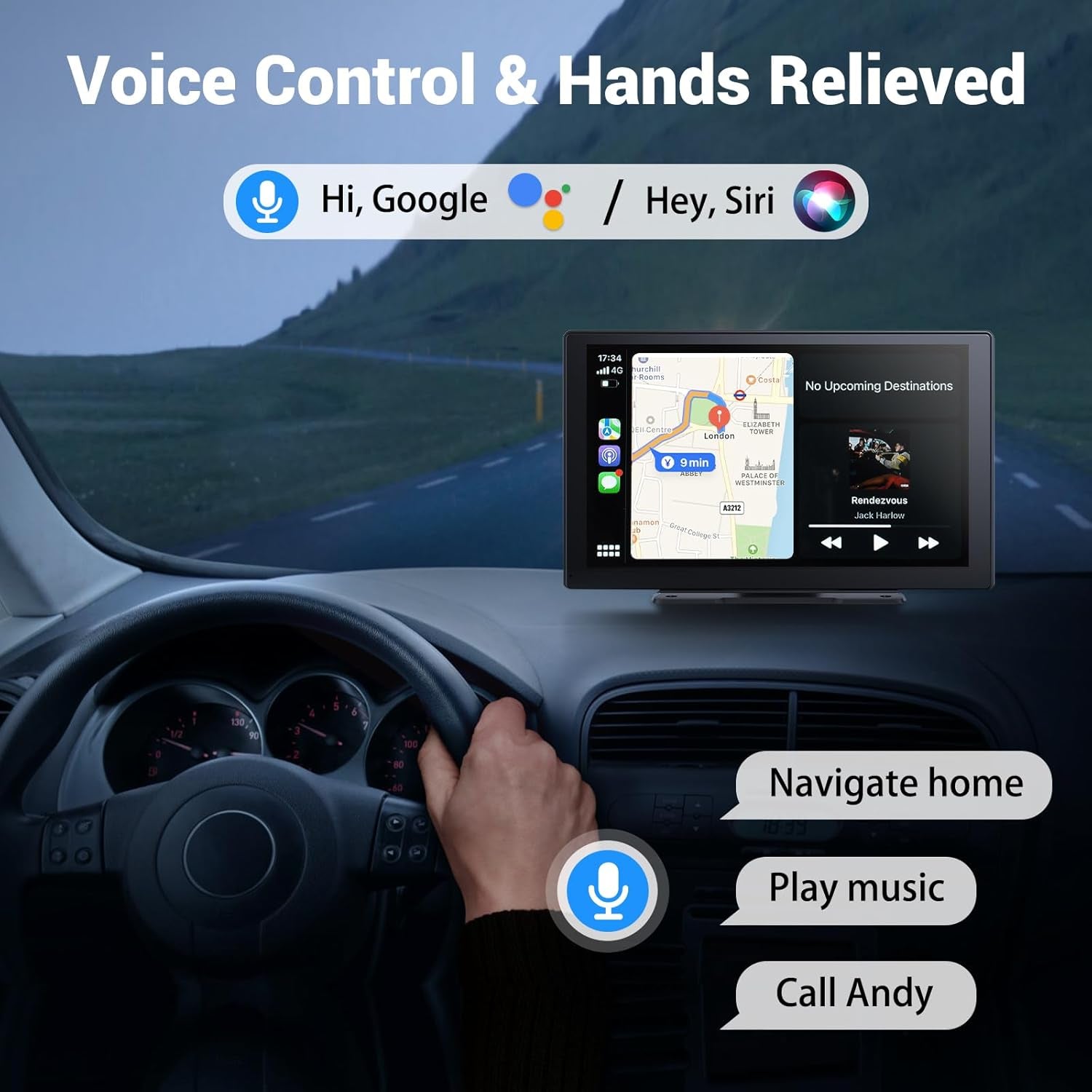 Wireless Apple Carplay Screen for Car 4K Dash Cam, 9" Portable Apple Carplay & Android Auto Car Stereo, with 1080P Backup Camera, GPS Navigation/Mirror Link/Voice Control/Bluetooth