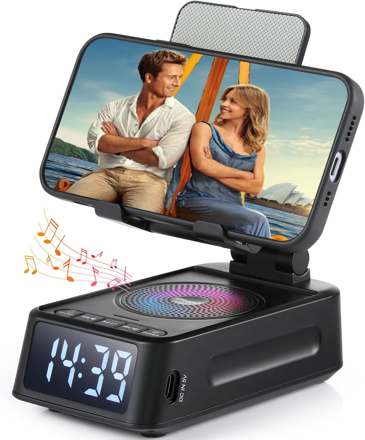 Gifts for Men Women,  Cell Phone Stand with Bluetooth Speaker and Clock, Birthday Gifts for Men Him, Phone Holder with Wireless Speaker, Dad Mom Husband Gifts, Cool Gadget for Men