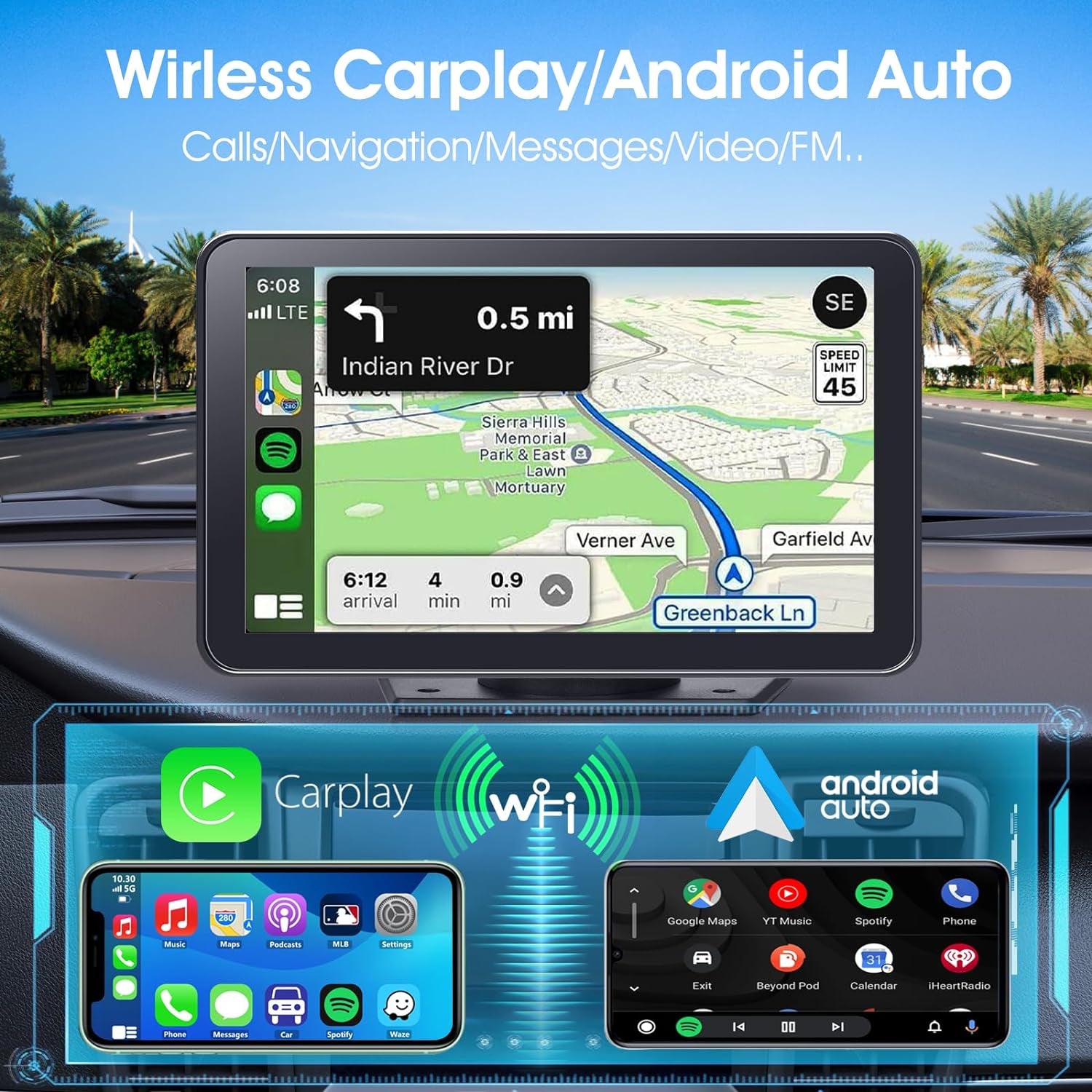 Portable Wireless Carplay Car Stereo, 7" HD Touchscreen for Car with Apple Carplay & Android Auto with Mirror Link/Backup Camera/Siri/Bluetooth/Navigation/Aux for All Vehicles