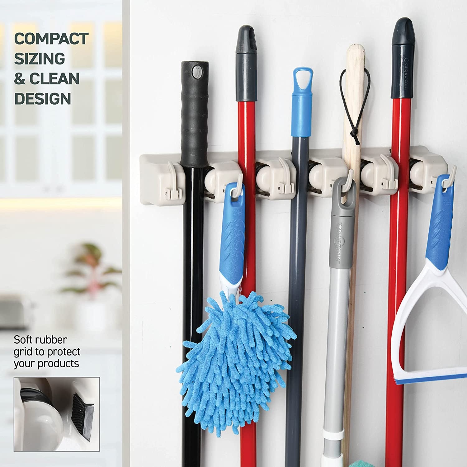 Mop and Broom Holder Wall Mount Garden Tool Storage Tool Rack Storage & Organization for the Home Plastic Hanger for Closet Garage Organizer (5-Position)