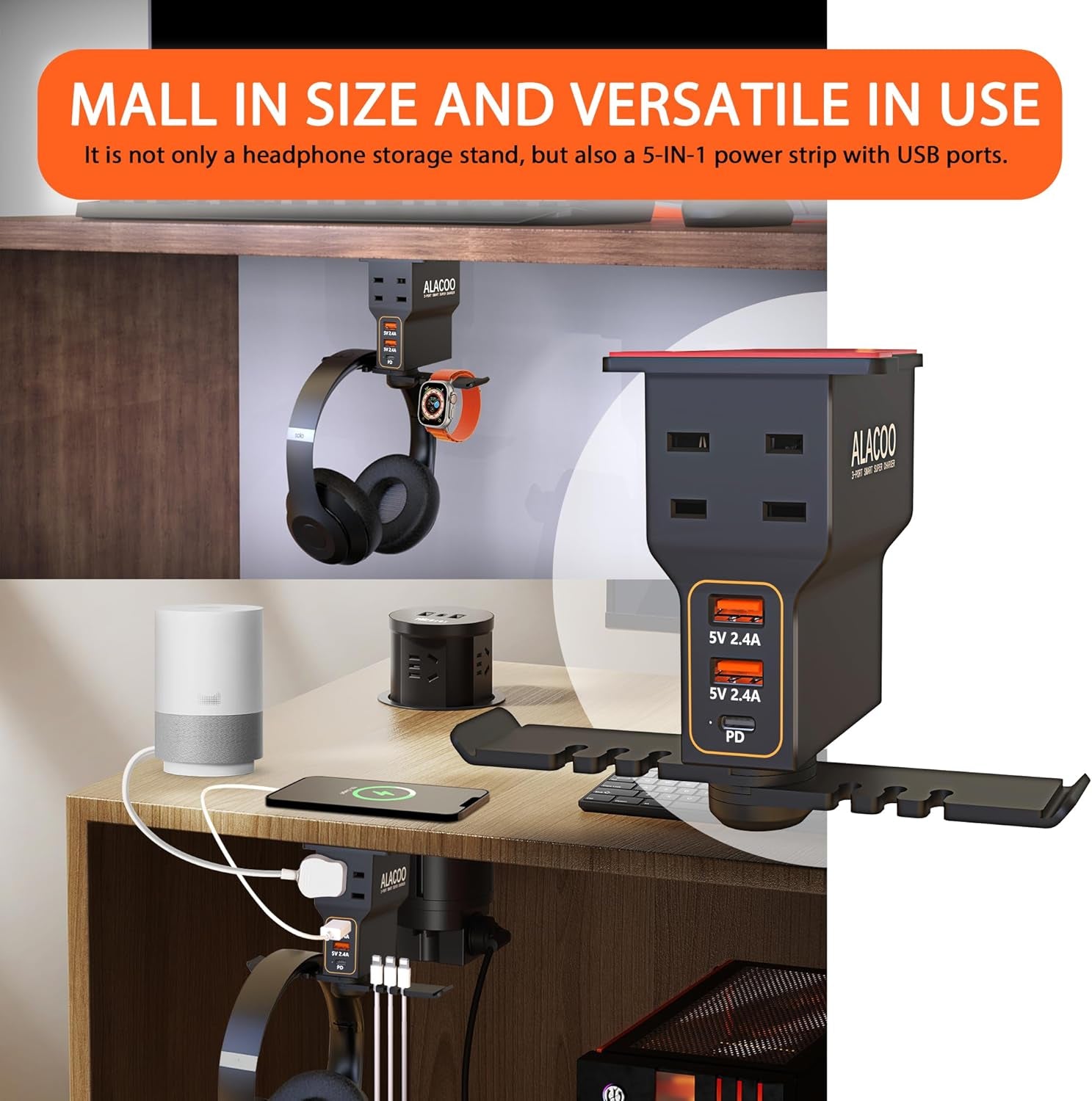 Headset Holder for Desk, Dual Headphone Stand, PC Gaming Headphones Hanger Hook under Desk with (QC3.0) 3 USB Charging Station & 2 AC Outlet(800W) for All Earphone Accessories Gamer Gift