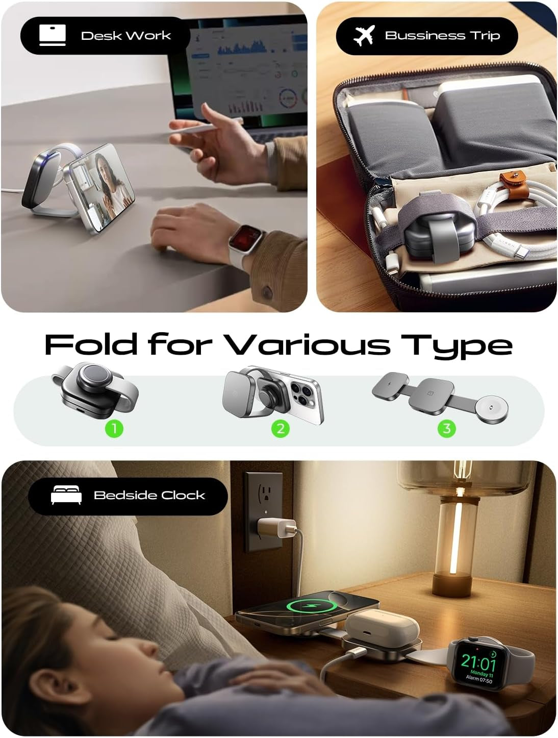 3 in 1 Foldable Charging Station for Apple Devices – Mini & Portable Travel Iphone Samsung Magsafe Charger Stand for Iphone 16/15/14 Pro Max, Iwatch, Airpods Pro, Valentines Day Gift for Her