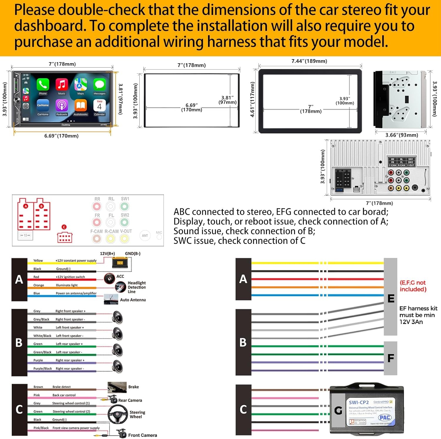 [QLED Screen Upgrade] Double Din Car Stereo with Wireless Apple Carplay and Android Auto, Bluetooth, 4.2-Channel Audio Output, Mirrorlink, 7" HD QLED Touchscreen, Backup Camera, AM/FM Car Radio