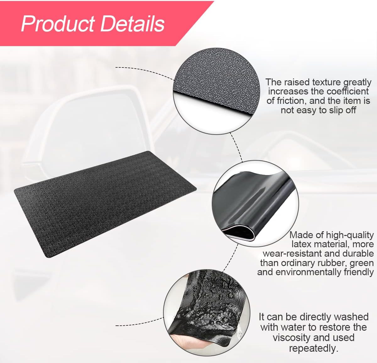 Car Dashboard Anti-Slip Sticky Pad, 15.7"X 7.8" Non-Slip Heat Resistant Rubber Mat, Auto Accessories for Home Office, Strong Adhesive anti Slide Pad for Phones, Sunglasses, Keys (Black/Car)