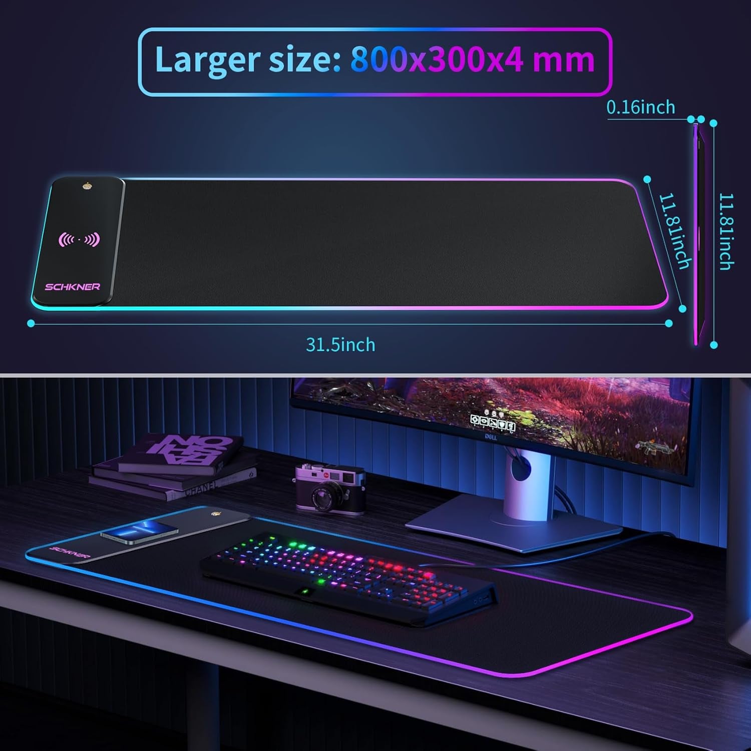 RGB Gaming Mouse Pad with Wireless Charging, Large Mouse Pad with LED Light, Keyboard Pad with Non-Slip Rubber Base,Waterproof Desk Pad for Home Office Decor