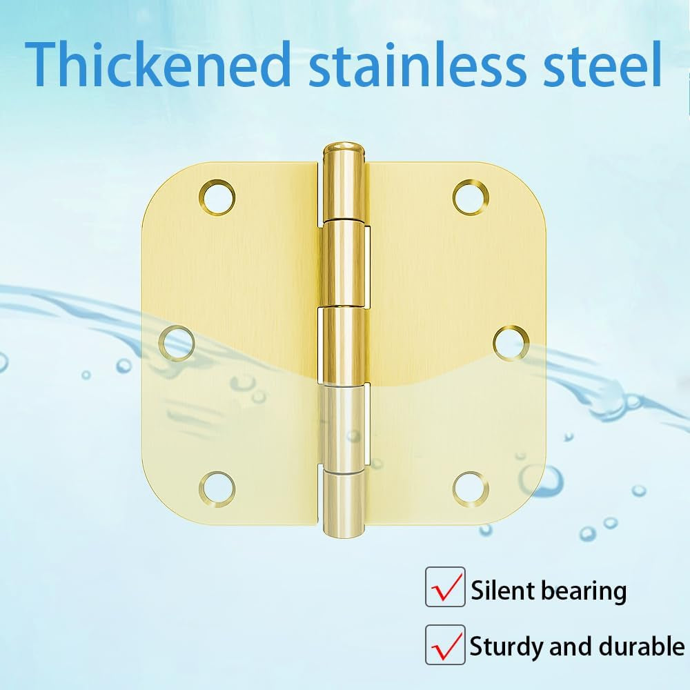 6Pcs Matte Black Door Hinges 3.5 X 3.5 Inch,Interior 3 1/2 Inch Door Hinges,5/8" Radius Corners Flat Iron Hinge,Hardware Controls(Gold)