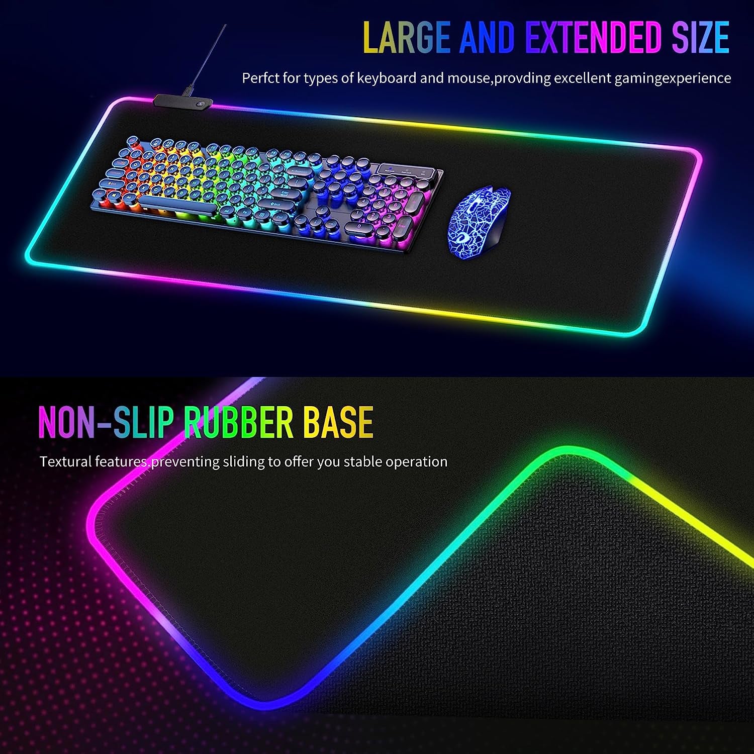 Large RGB Gaming Mouse Pad -15 Light Modes Touch Control Extended Soft Computer Keyboard Mat Non-Slip Rubber Base for Gamer Esports Pros 31.5X11.8 In