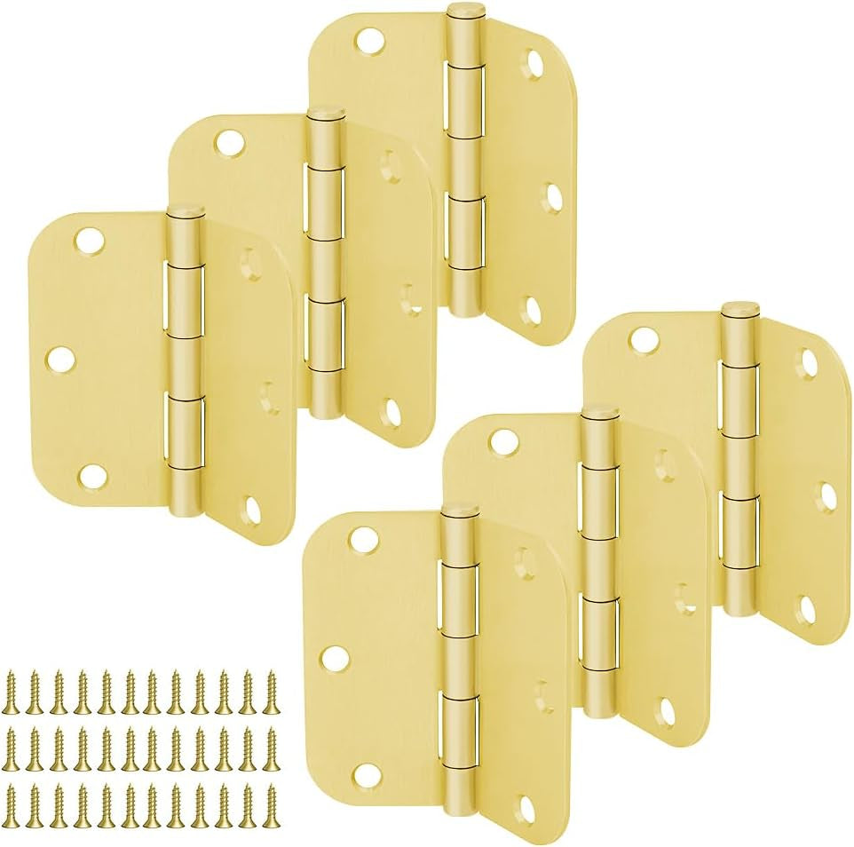 6Pcs Matte Black Door Hinges 3.5 X 3.5 Inch,Interior 3 1/2 Inch Door Hinges,5/8" Radius Corners Flat Iron Hinge,Hardware Controls(Gold)