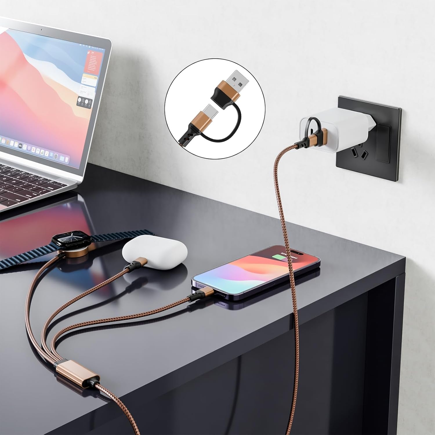 Multi 3 in 2 Charging Cable for Apple Watch Charger, Travel for Iphone Charger USB C Lightning Fast Charging Cable Compatible with Iwatch Ultra/Se/9/8/7/6/5/4/3/2/1 & Iphone 15/14/13/12/11/Galaxy S23