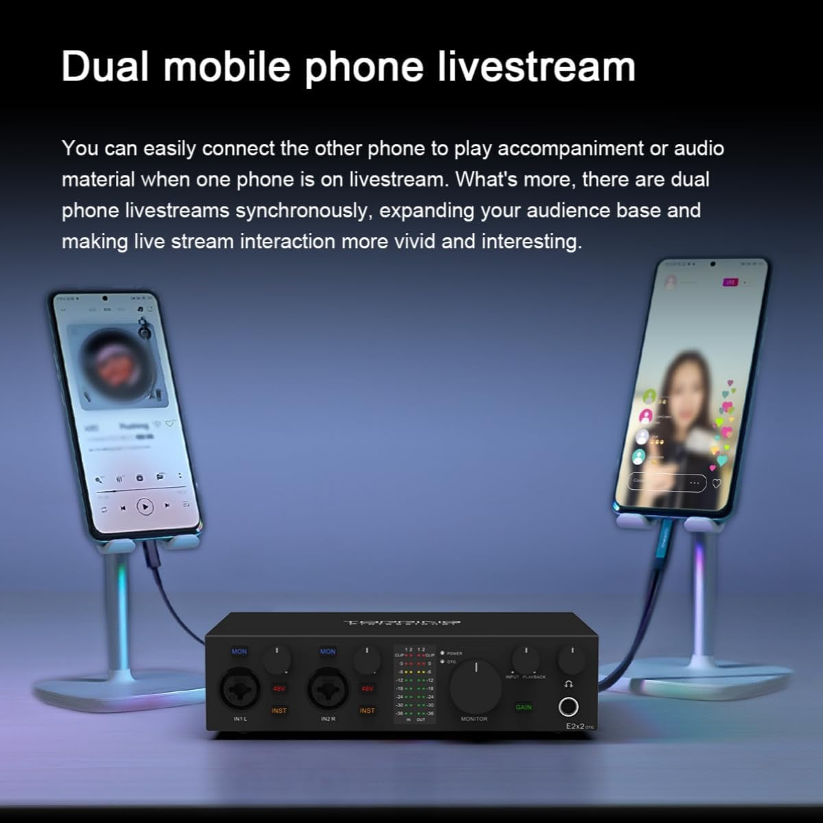 E2X2 OTG USB Audio Interface - Ultra-Linear Preamp & Powerful Headphone Amp,Optical Output, Dual Mobile Streaming, Zero-Latency, 192Khz/24Bit Recording, Pc/Mobile Compatible (Black)