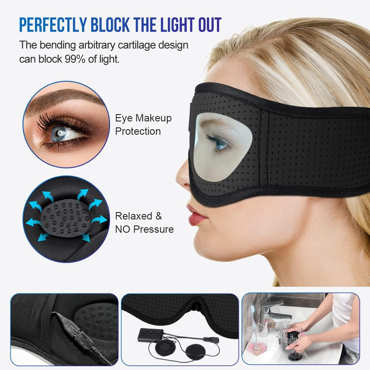 3D Bluetooth 5.2 Sleep Headphones, Breathable Wireless Music Eye Mask, Sleeping Headphones with Headband for Side Sleepers, Women, Men, Air Travel, Unique Tech Gifts
