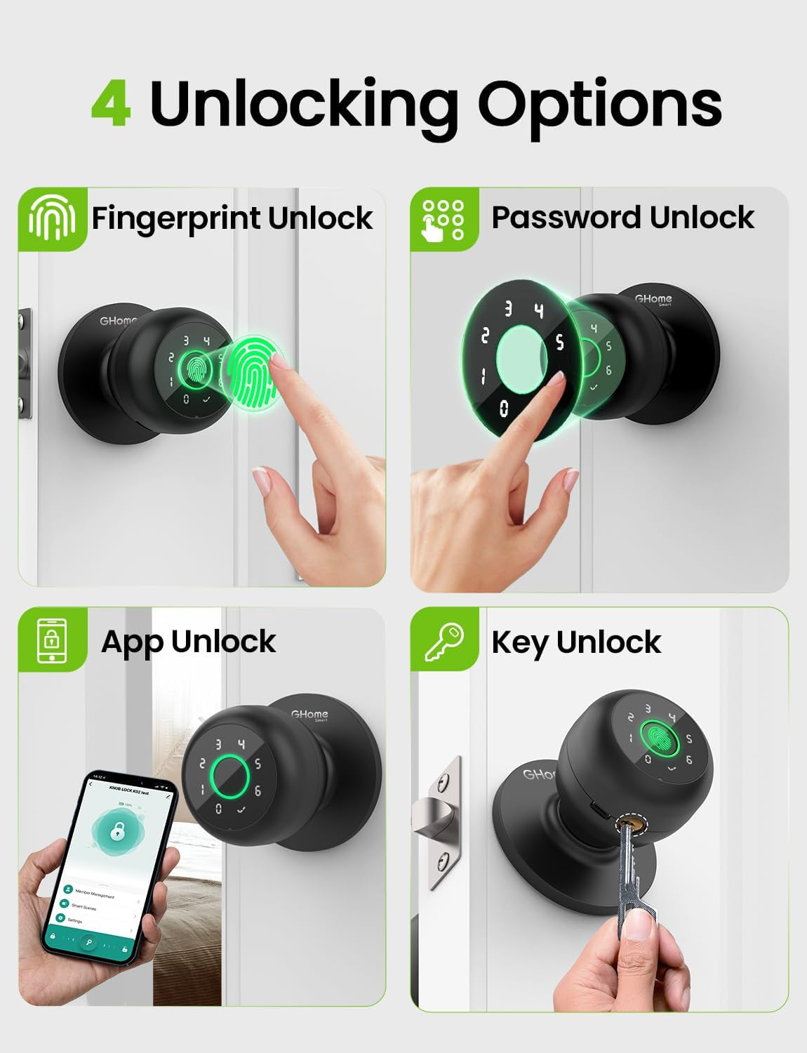 4-In-1 Smart Door Knob Fingerprint Door Lock with Keypad, Biometric & App Control, Keyless Entry for Room, Garage, Office, Apartment, Local Data Storage