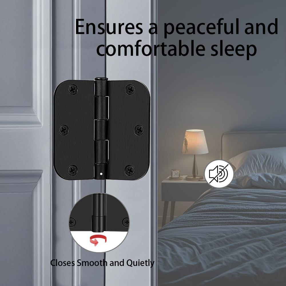 6Pcs Matte Black Door Hinges 3.5 X 3.5 Inch,Interior 3 1/2 Inch Door Hinges,5/8" Radius Corners Flat Iron Hinge,Hardware Controls(Black)