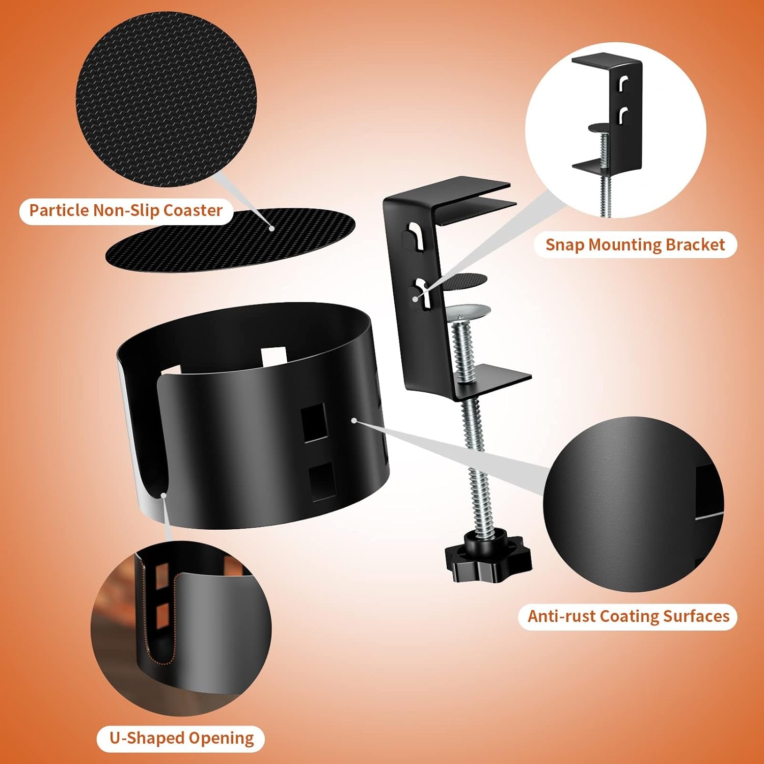 Upgraded Large Desk Cup Holder Clamp,  Anti-Spill Table Cup Holder, Metal Office & PC Gaming Desk Accessories, Compatible with Universal Cup, Bottles, Pencil Holder (Black)