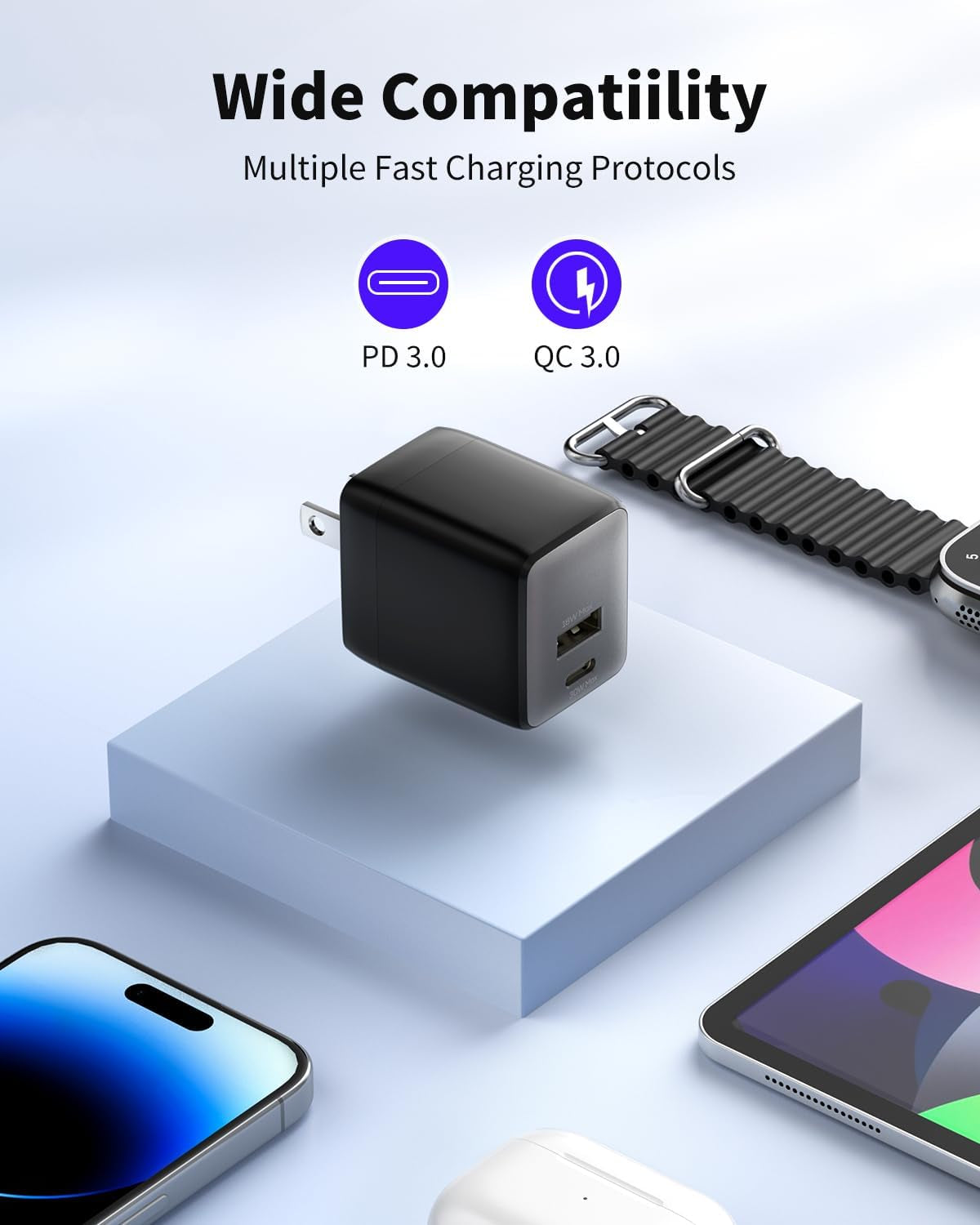 USB C Charger Block, 30W USB C Charger Fast Charging, Dual-Port Compact USB Charger Block with Foldable Plug, Compatible with 16/16 Pro/15/15 Plus/15 Pro/15 Pro Max/14/13/12/11