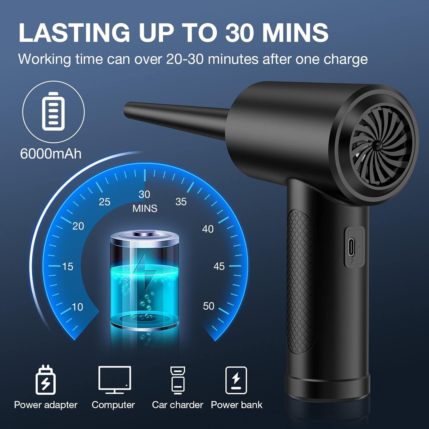 Compressed Air Duster, 3 Gear to 51000RPM Cordless Electric Air Duster, 6000Mah Rechargeable Air Blower with LED Light for Laptop Computer Keyboard Cleaning Pet Hair Crumb Replaces Compressed Air Can
