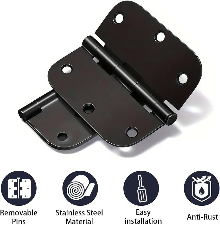 6Pcs Matte Black Door Hinges 3.5 X 3.5 Inch,Interior 3 1/2 Inch Door Hinges,5/8" Radius Corners Flat Iron Hinge,Hardware Controls(Black)