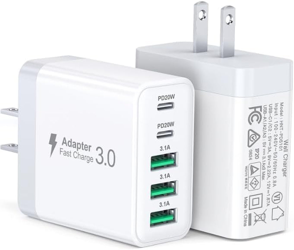 USB C Charger Block, [2-Pack] 50W 5-Port USB C Wall Charger Type C Charger Fast Charging Blocks Cube, Multiple Ports PD Power Adapter QC Wall Plug for Iphone 16 15 14 13 12 Pro Max Galaxy Tablet