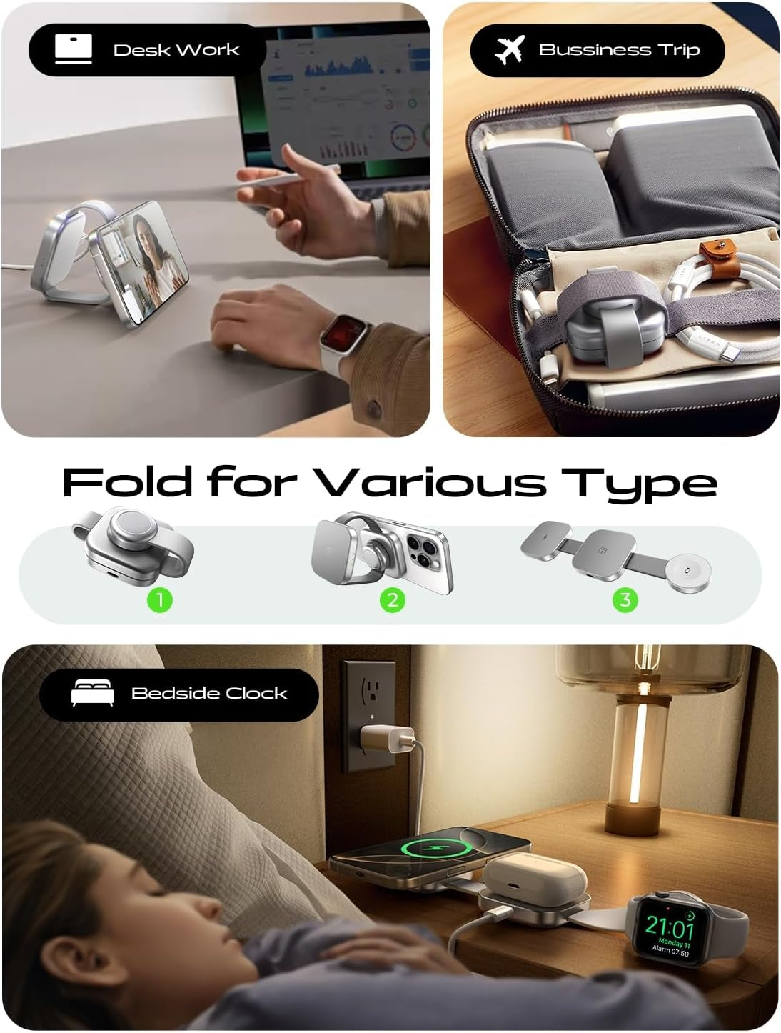 3 in 1 Travel Charger [Mini & Metal] for Iphone Samsung Apple Watch Multiple Devices Magsafe Charging Station Travel Essentials Accessories for Iphone 16 Pro Max 15 Airpods Valentines Day Gift