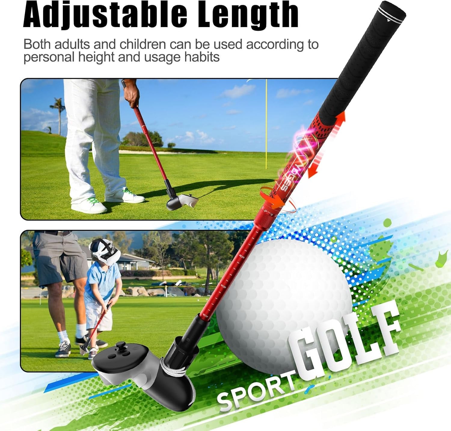 Adjustable Length VR Golf Club Handle for Meta Quest 3S/Quest 3/Oculus Quest 2, 90 Degree Virtual Reality Baseball Controller Attachment, Simulator Real Golf Game (ONLY for Right Controller)