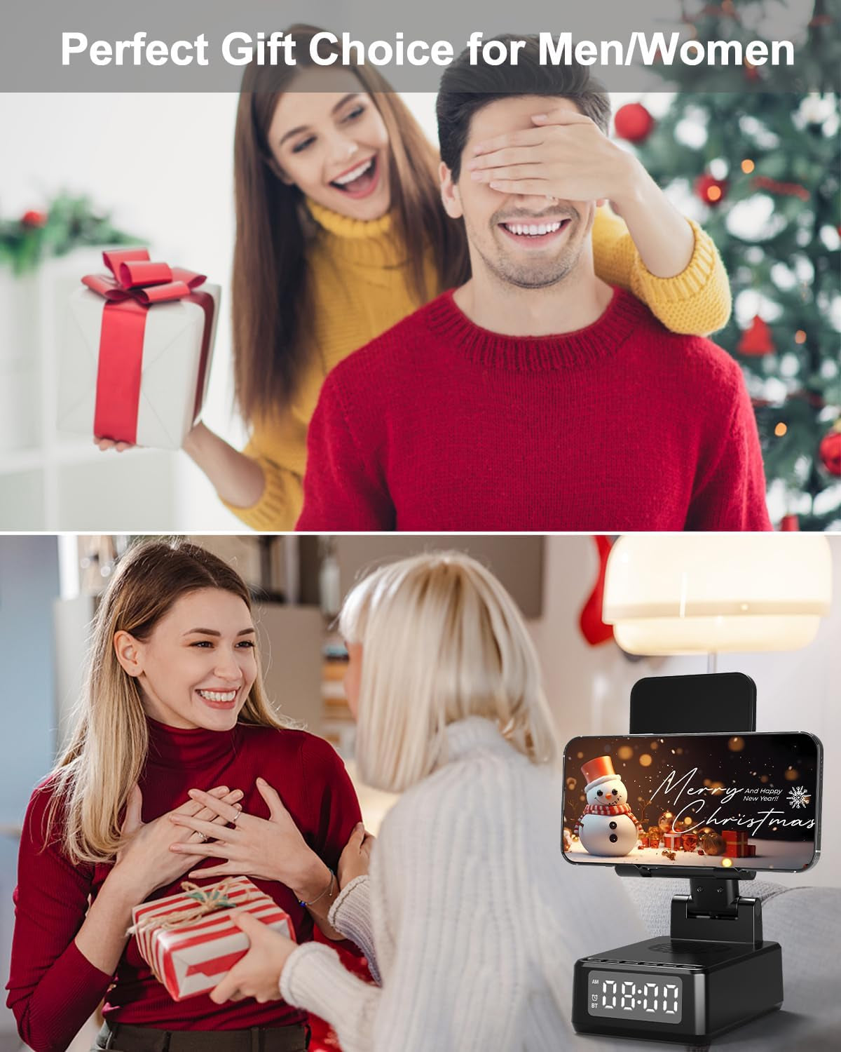 Gifts for Men Cell Phone Stand with Wireless Bluetooth Speaker and Wireless Charger, Phone Charger Stand with Digital Alarm Clock for Iphone, Birthday Gifts for Men,Boyfriend,Dad,Women,Christmas