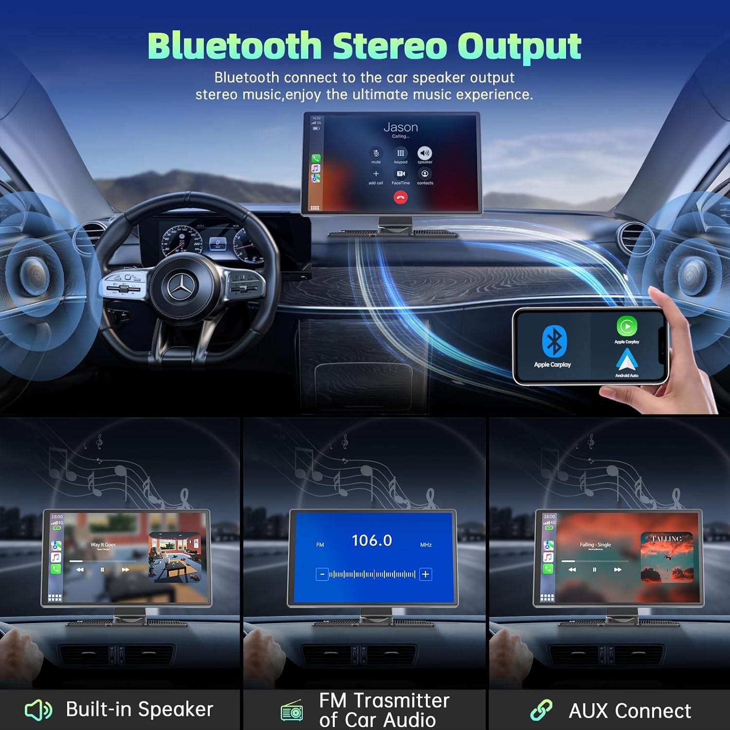 Portable Carplay Screen for Car,9-Inch Wireless Carplay and Android Auto with 4K Dashcam,1080P Backup Camera,Car Audio Receivers with G-Sensor,Gps Navigation,Mirror Link,Bluetooth,Voice Contiol