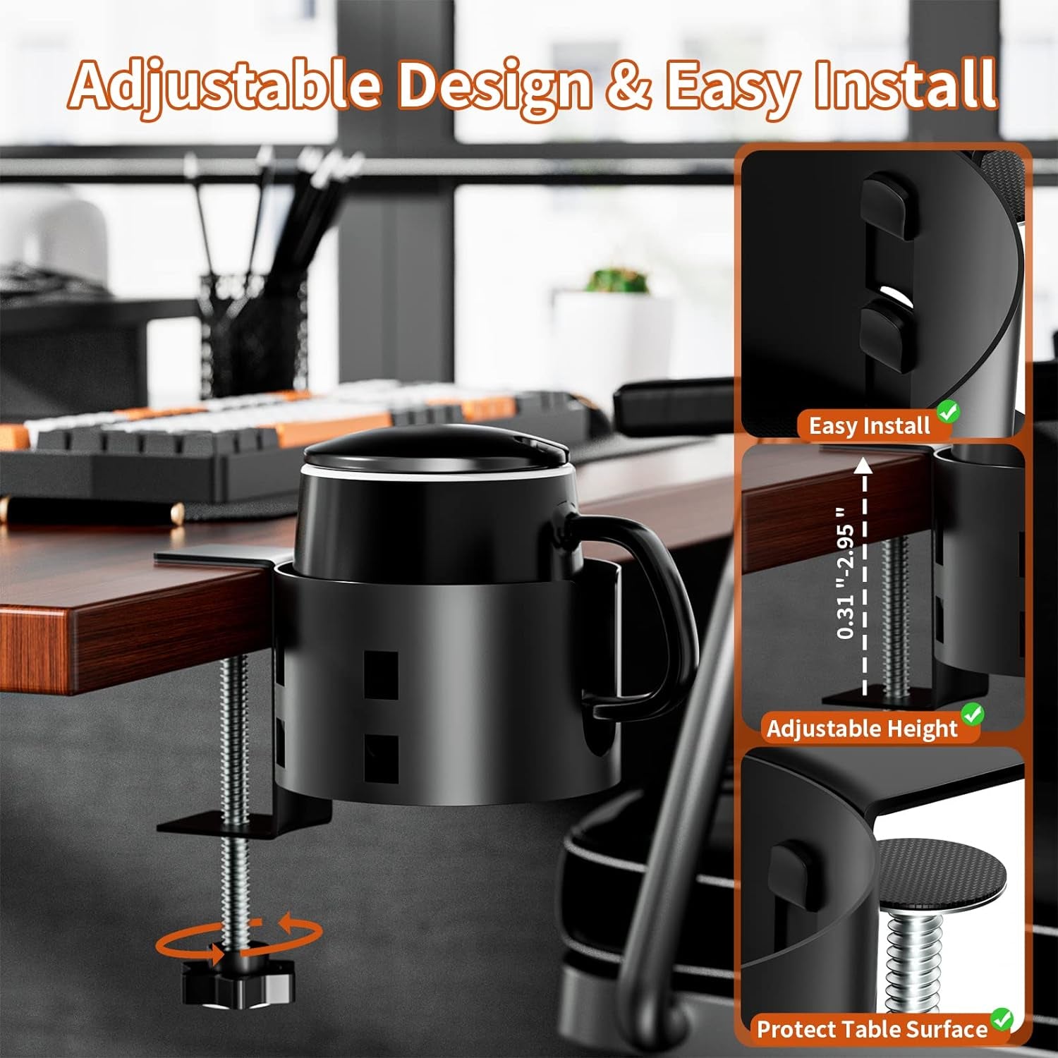 Upgraded Large Desk Cup Holder Clamp,  Anti-Spill Table Cup Holder, Metal Office & PC Gaming Desk Accessories, Compatible with Universal Cup, Bottles, Pencil Holder (Black)