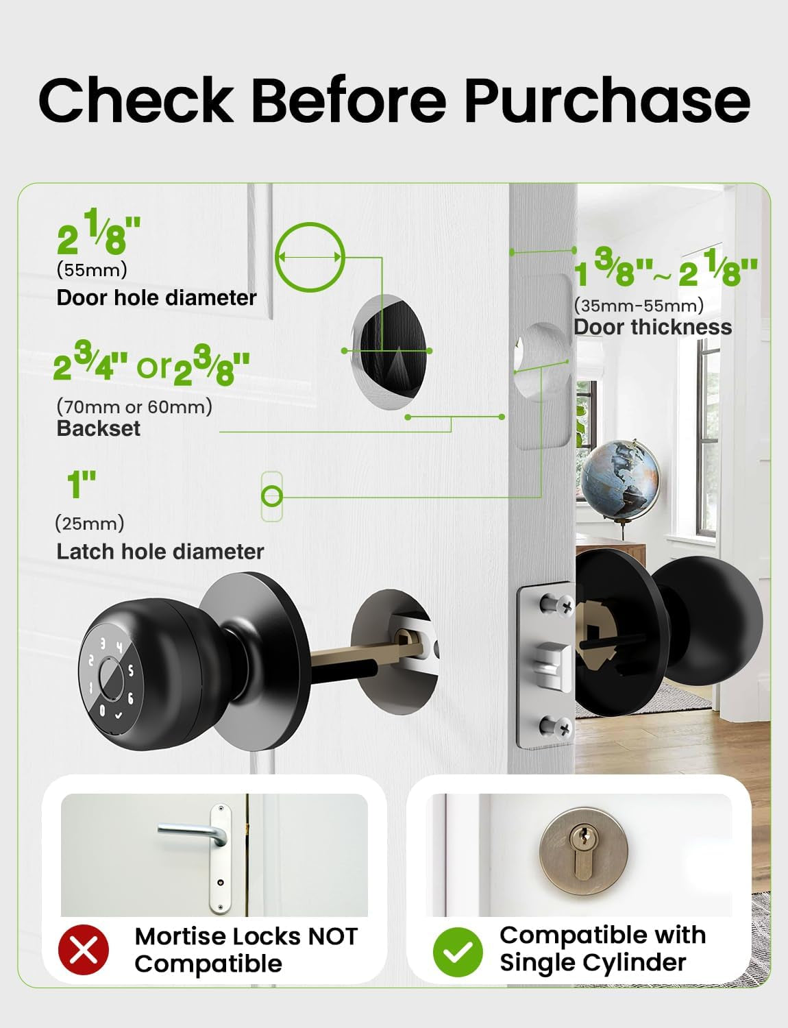 4-In-1 Smart Door Knob Fingerprint Door Lock with Keypad, Biometric & App Control, Keyless Entry for Room, Garage, Office, Apartment, Local Data Storage