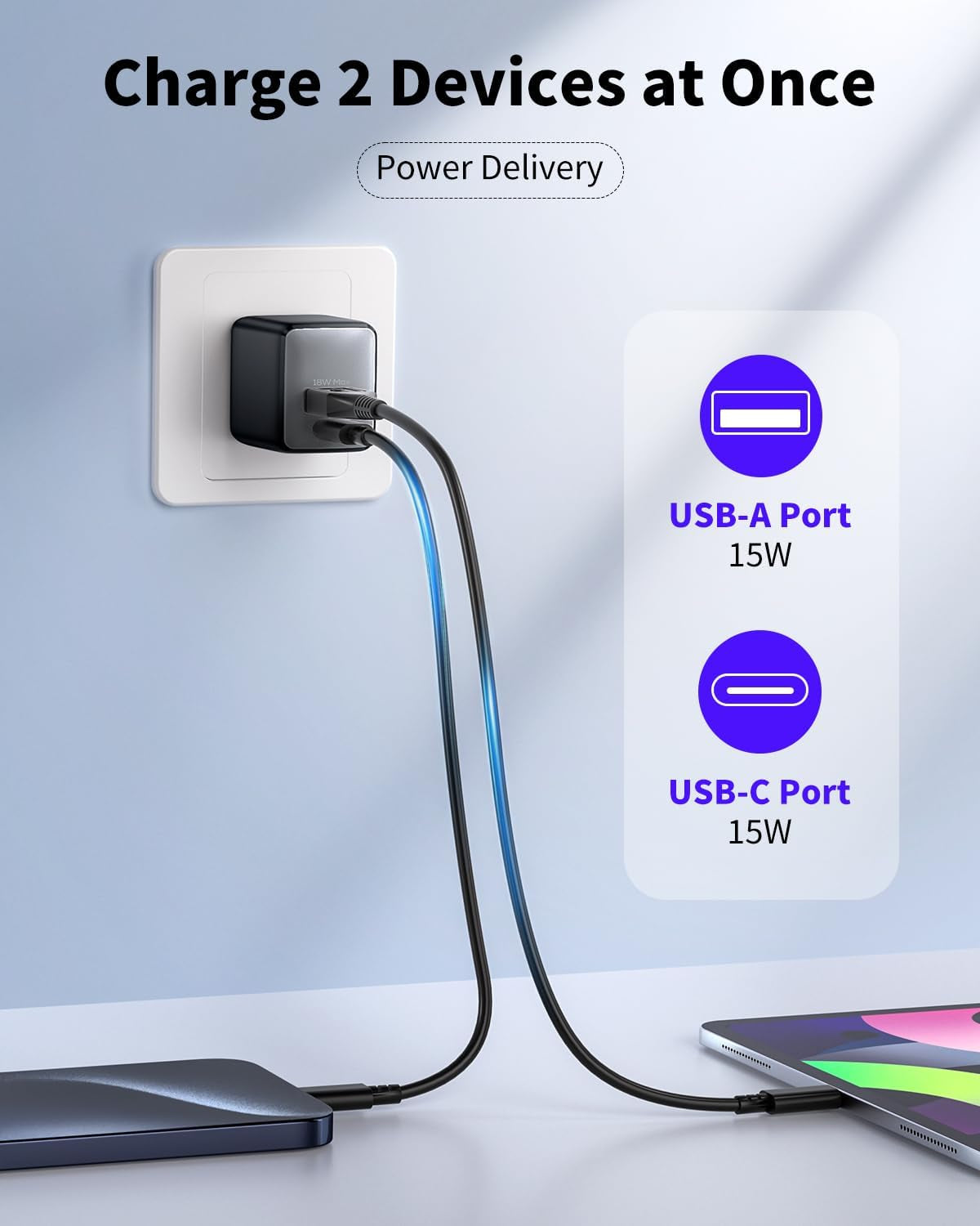 USB C Charger Block, 30W USB C Charger Fast Charging, Dual-Port Compact USB Charger Block with Foldable Plug, Compatible with 16/16 Pro/15/15 Plus/15 Pro/15 Pro Max/14/13/12/11