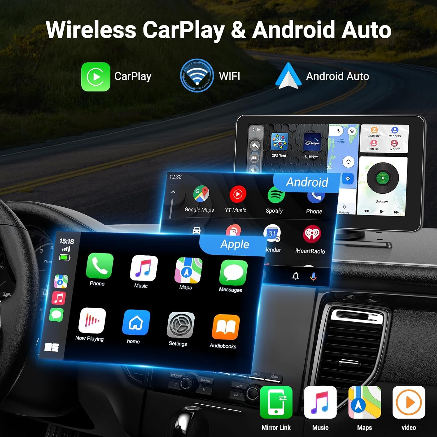 Wireless Apple Carplay Screen for Car, 7" HD Touchscreen with Portable Apple Carplay & Android Auto Car Stereo with Backup Camera, GPS Navigation/Mirror Link/Voice Control/Bluetooth