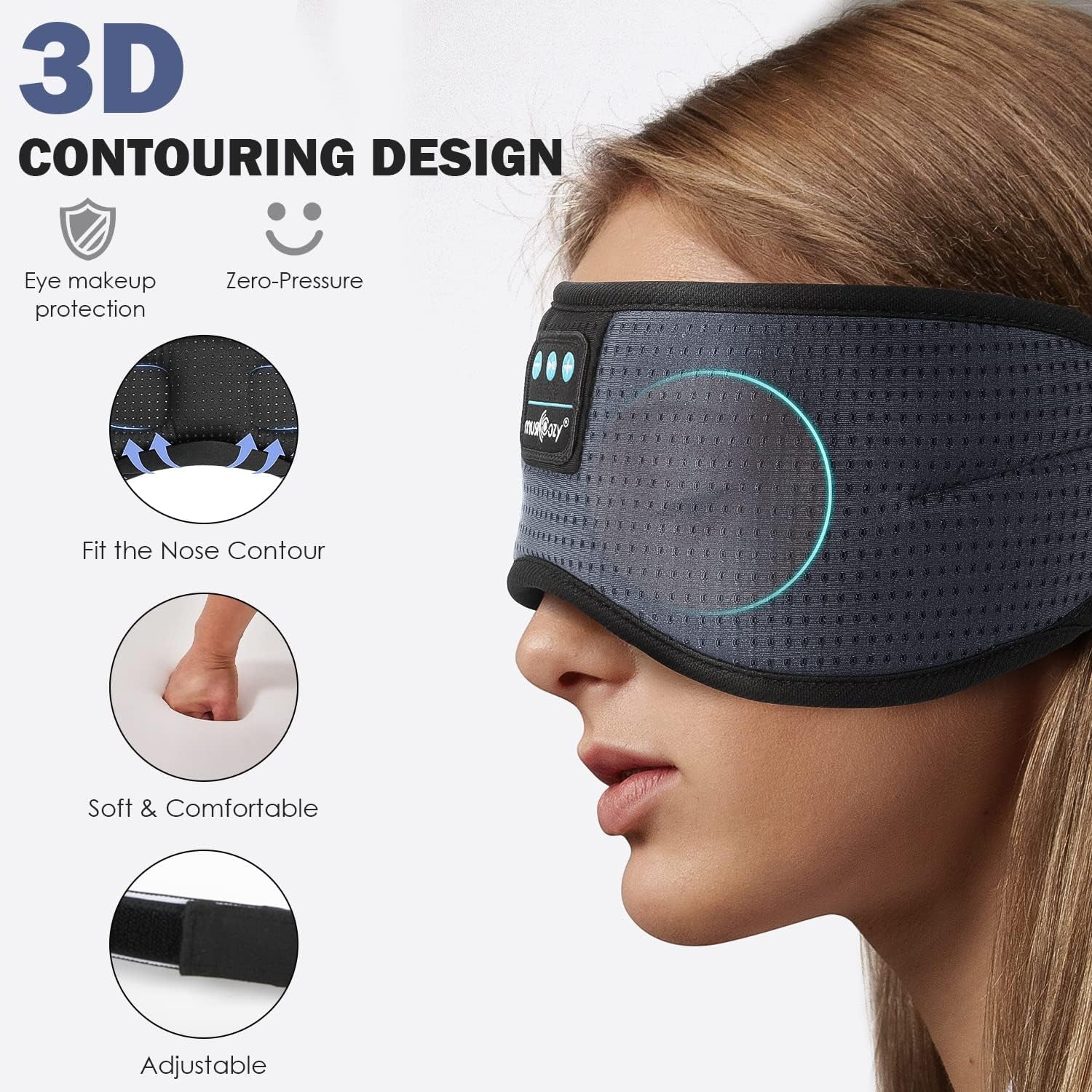 White Noise Bluetooth Sleep Mask with 8 Soothing Sounds & 3D Wireless Sleep Headphones, Bluetooth Sleeping Headphones for Yoga Travel Office Relaxation Tech Gadgets Gifts, Light Gray