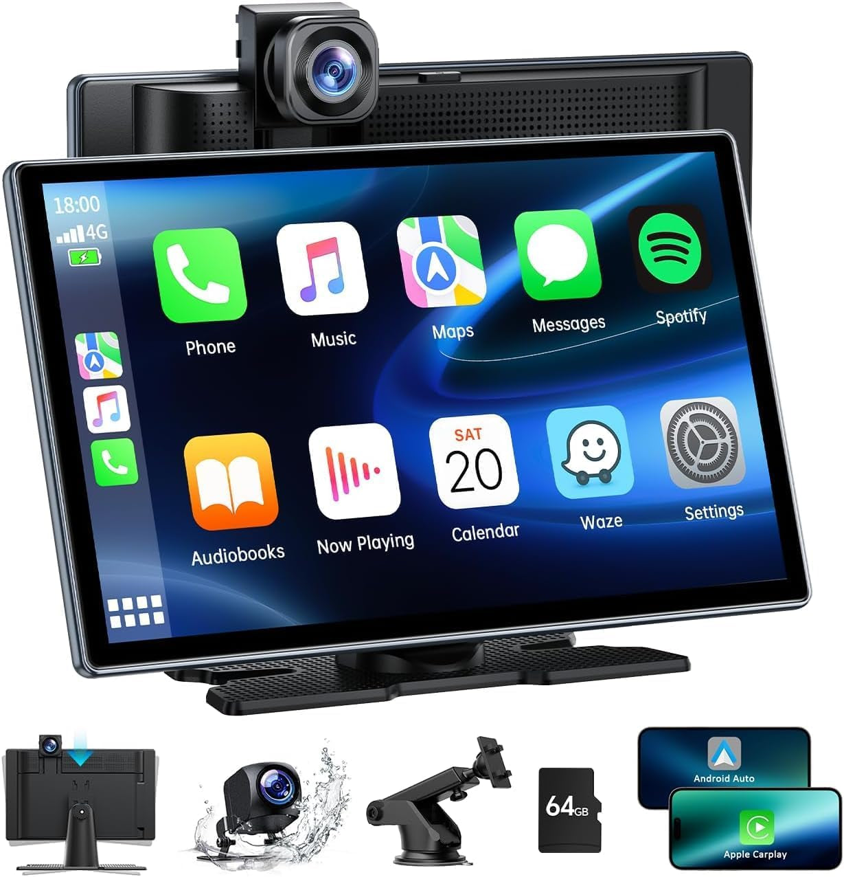 Portable Carplay Screen for Car,9-Inch Wireless Carplay and Android Auto with 4K Dashcam,1080P Backup Camera,Car Audio Receivers with G-Sensor,Gps Navigation,Mirror Link,Bluetooth,Voice Contiol