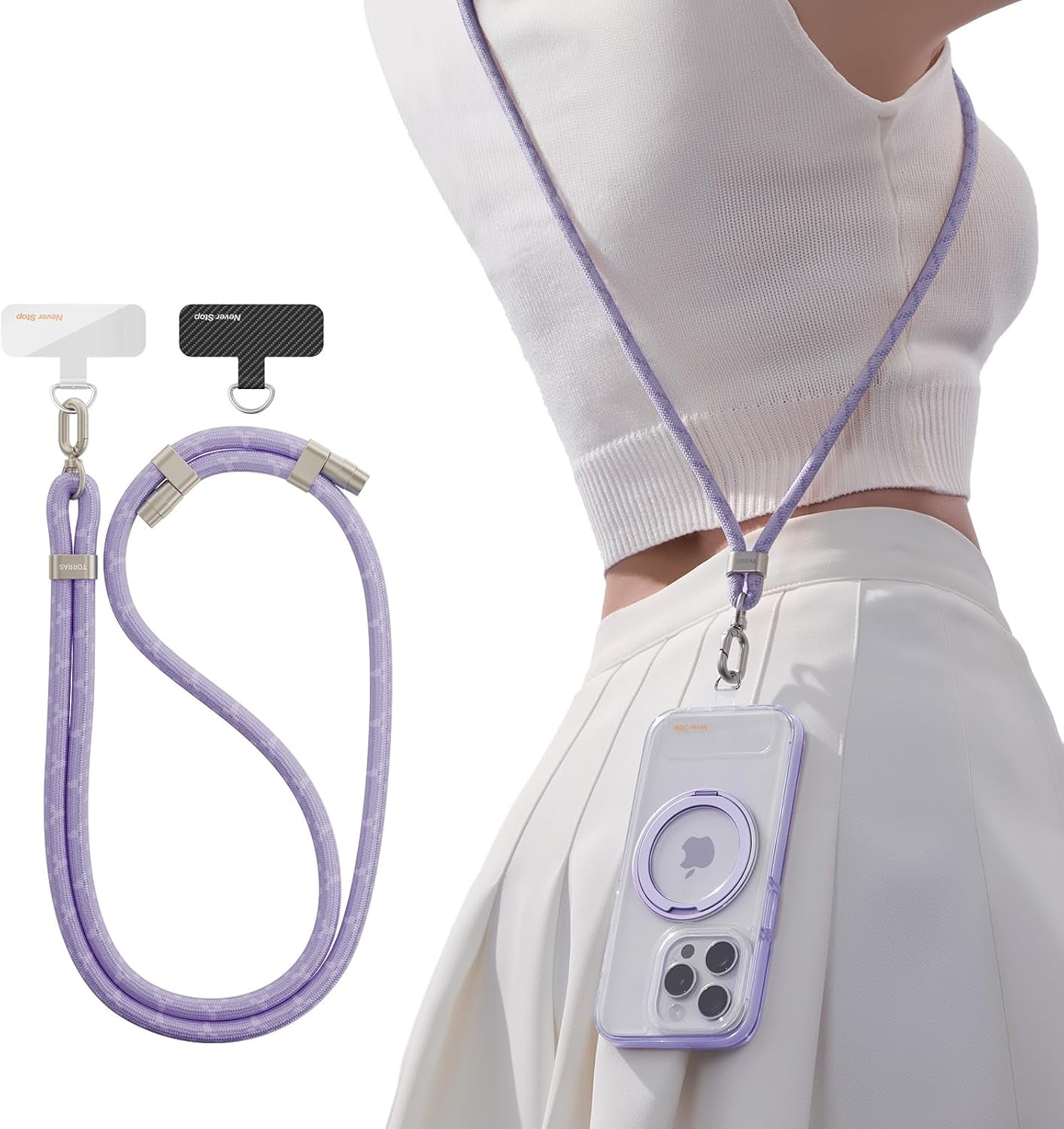 Phone Lanyard Crossbody with 2 Phone Tabs, Adjustable anti Theft Phone Strap for All Phones, Premium Metal Buckles, Skin-Friendly, Universal Cell Phone Neck Lanyard for Women and Men, Purple