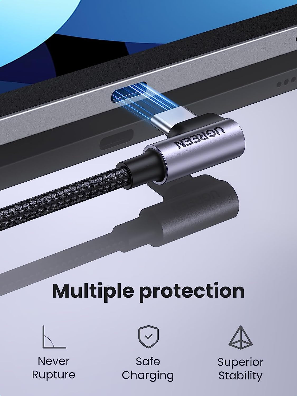 60W Right Angle USB-C Fast Charging Cable, 3.3Ft