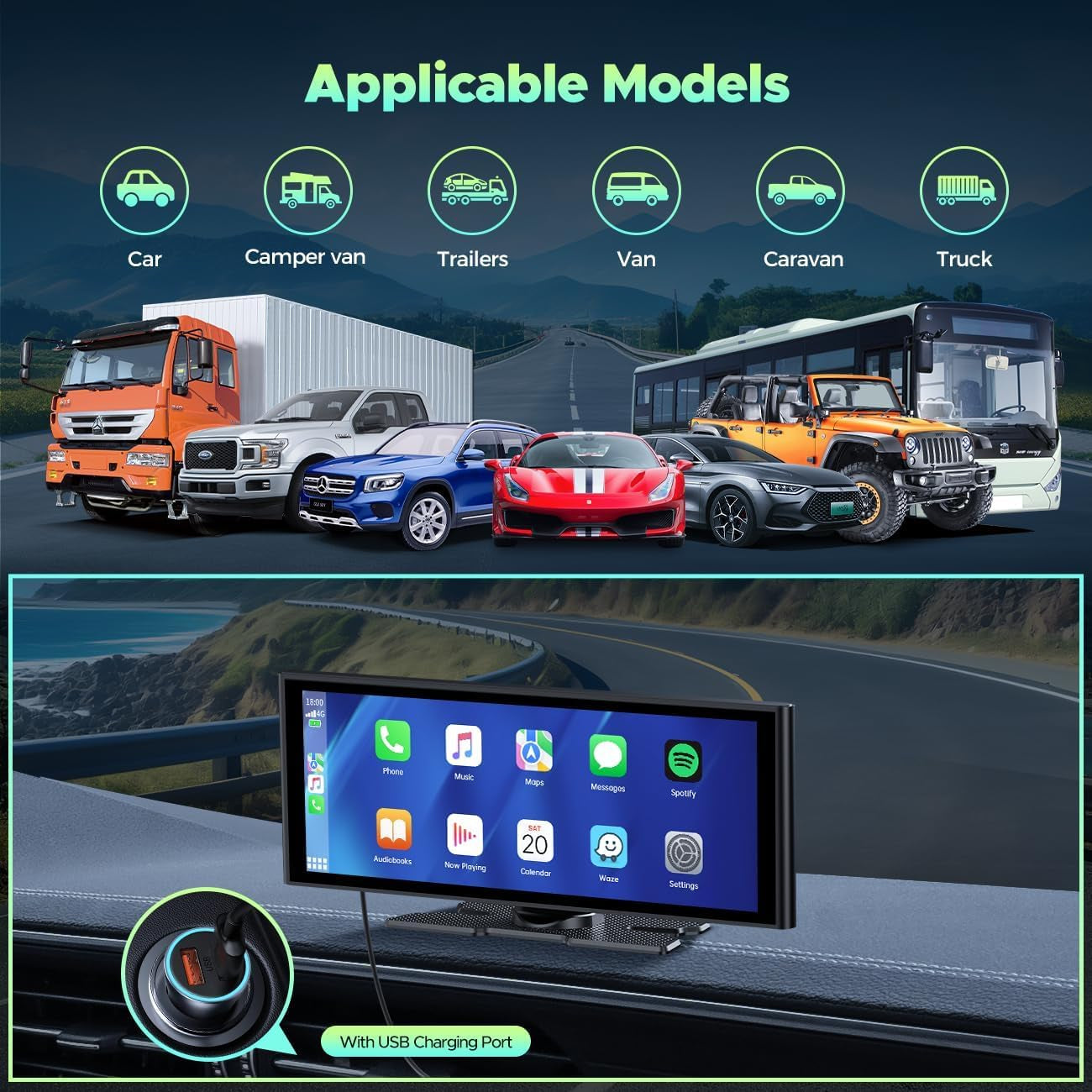 Wireless Carplay and Android Auto with 4K Dash Cam,9.26 Inch Protable Carplay Screen for Car,1080P Backup Camera, Digital Media Receivers with Voice Control,Bluetooth,G-Sensor,Gps,Mirror Link