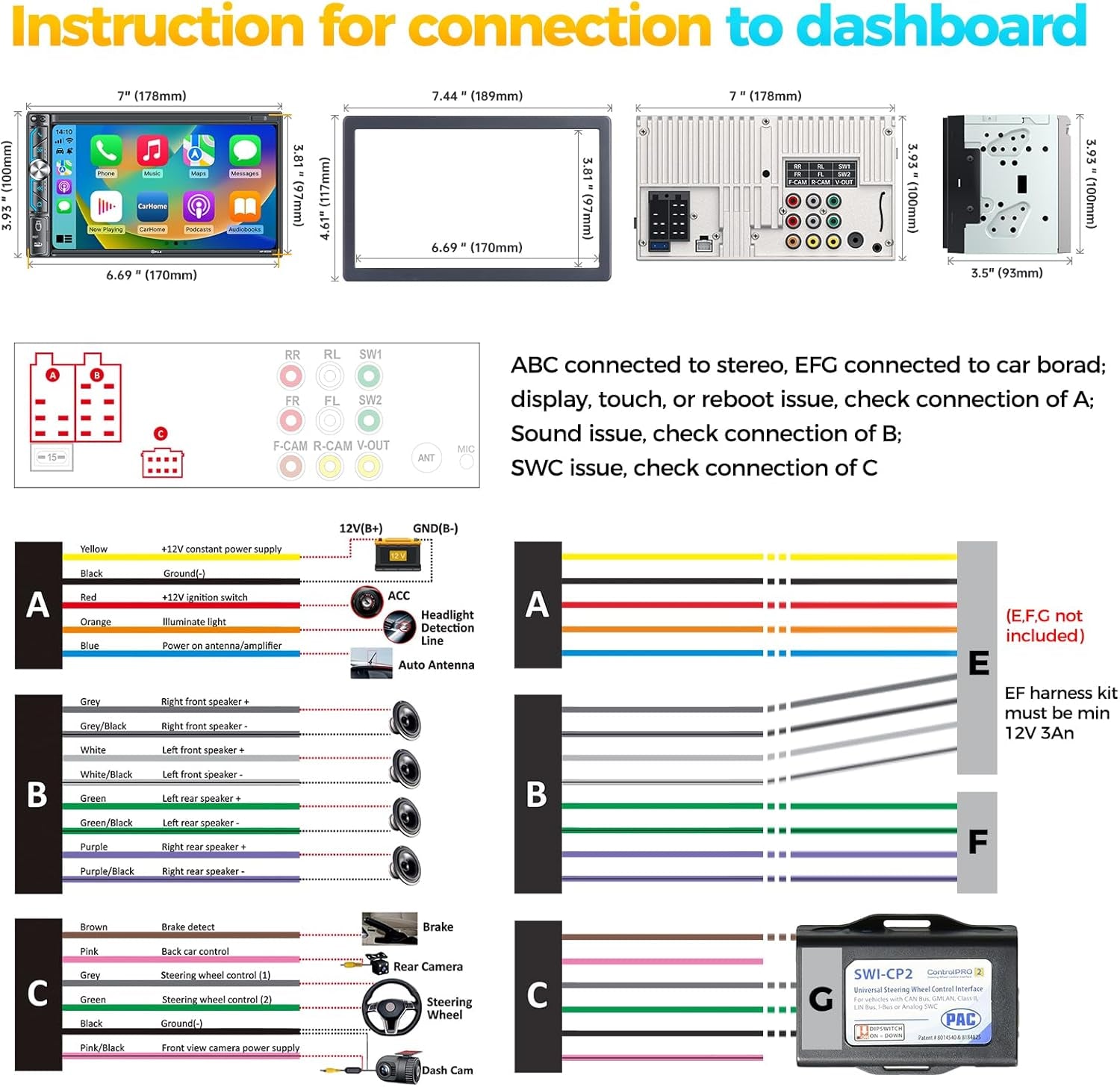 7" Wireless Double Din Car Stereo Apple Carplay Radio Screen for Car Audio Receivers, Bluetooth 5.3 Car Play Android Auto Touchscreen, 240W 4.2 CHN 2 Subwoofers Outputs, Backup Camera, SWC, FM/AM