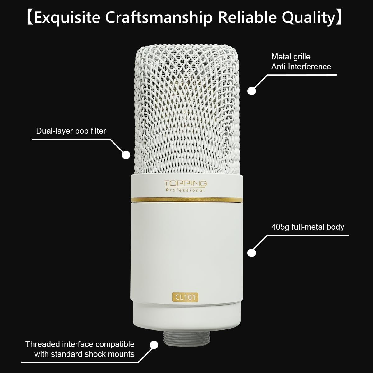 CL101 Studio Condenser Microphone - Cardioid Polar Pattern, Ultra-Low Noise, 34Mm Gold-Plated Capsule, Professional Recording & Streaming Mic (Black)