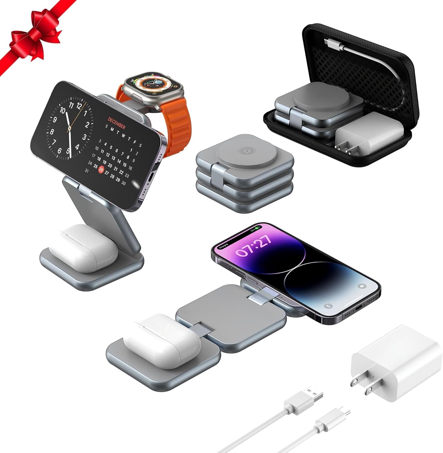 Wireless Charger & Portable Travel Charging Station, Foldable Magnetic Stand, 15W Fast Magnetic Wireless Charger for Iphone 16/15/14/13, Apple Watch & Airpods (Adapter Included)