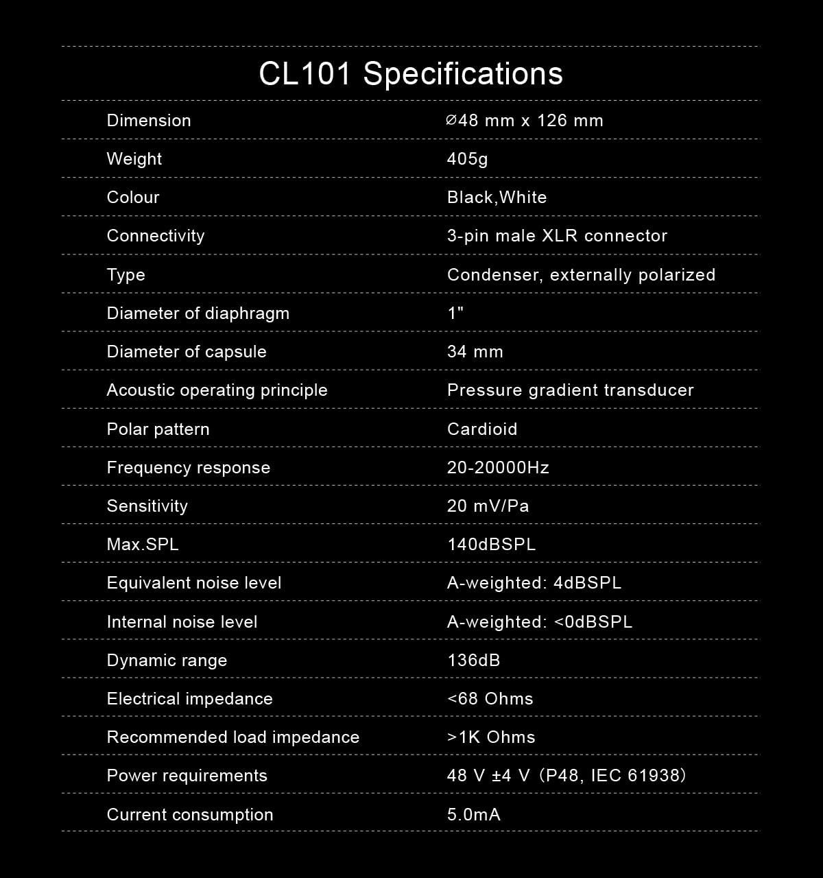 CL101 Studio Condenser Microphone - Cardioid Polar Pattern, Ultra-Low Noise, 34Mm Gold-Plated Capsule, Professional Recording & Streaming Mic (Black)