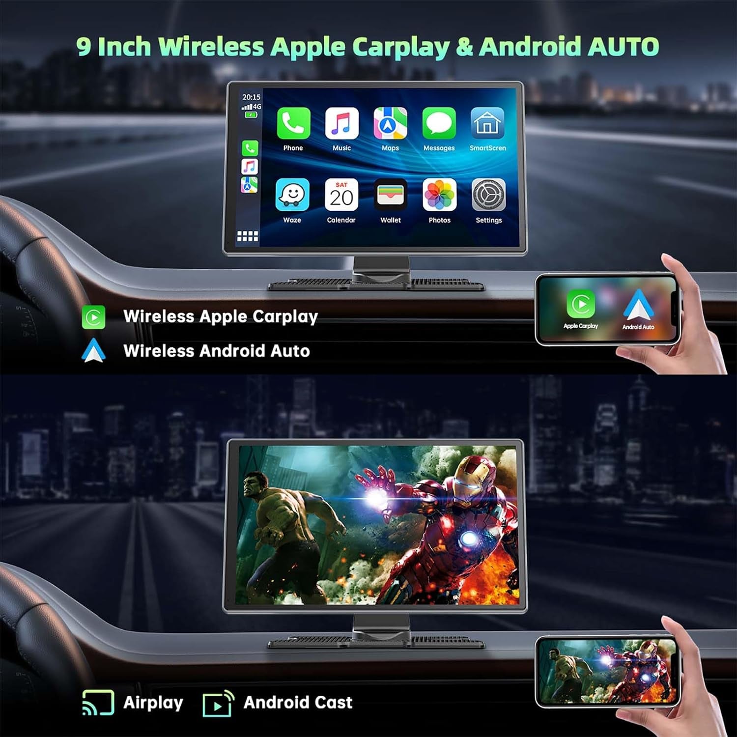 Portable Carplay Screen for Car,9-Inch Wireless Carplay and Android Auto with 4K Dashcam,1080P Backup Camera,Car Audio Receivers with G-Sensor,Gps Navigation,Mirror Link,Bluetooth,Voice Contiol