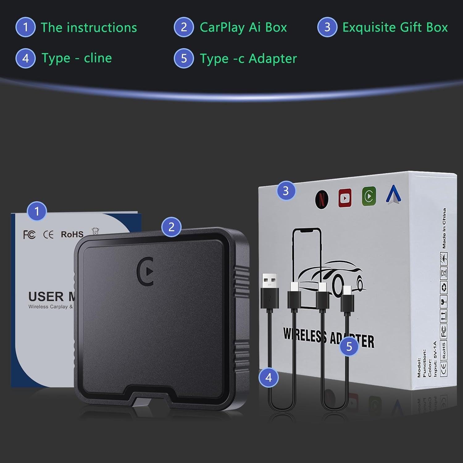 Wireless Carplay Adapter, Car Play Adapter Supports Netflix, Youtube, TF Card Plug & Play, Android Auto Wireless Adapter Carplay Dongle Fits for Factory Wired Carplay Cars from 2015 & Ios10+